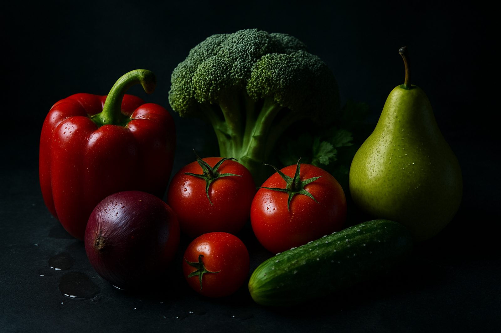 Fresh vegetables and fruit lit in green light on a dark kitchen surface